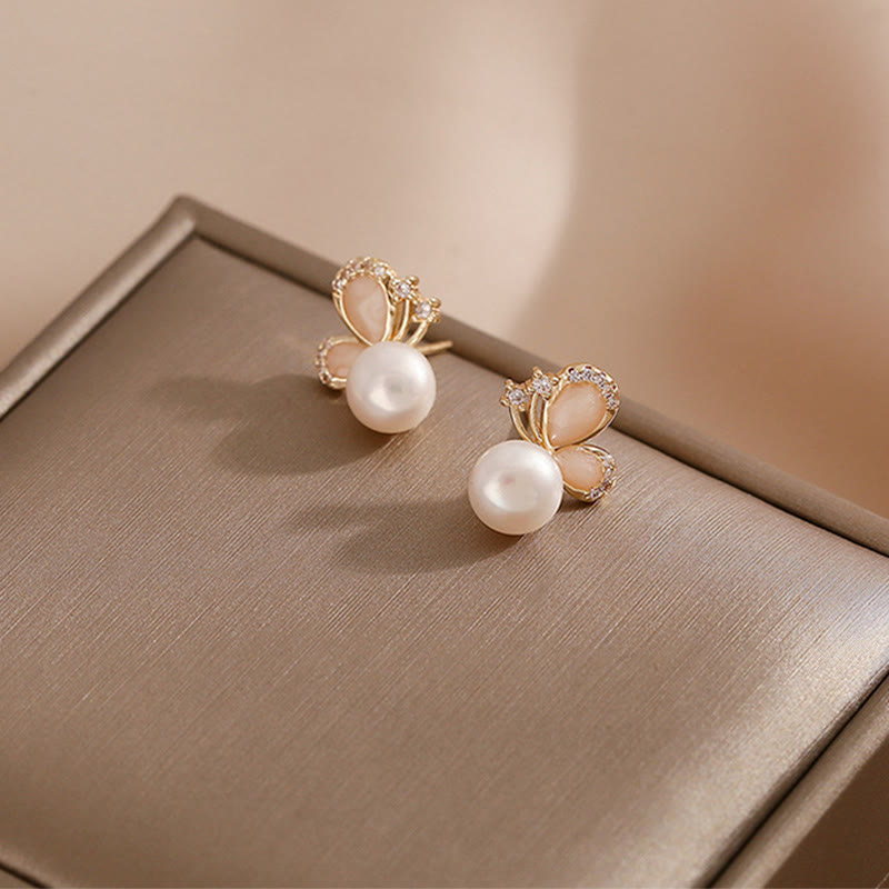 Fortune Jewel 18k Gold Plated Pearl Butterfly Love Freedom Stud Earrings