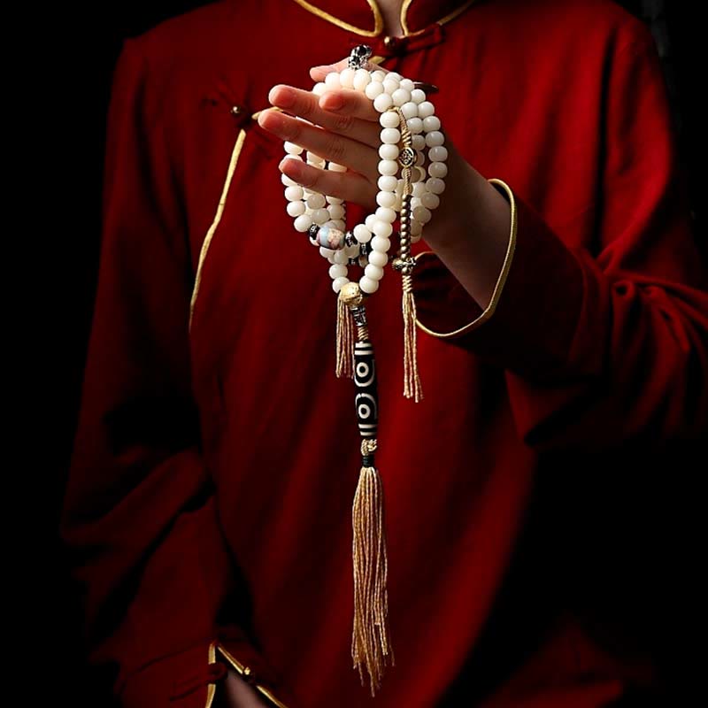 Fortune Jewel Tibet 108 Mala Beads Bodhi Seed Bagua Vajra Dzi Bead Gray Agate Wealth Bracelet