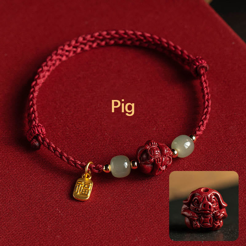 Fortune Jewel Natural Cinnabar Chinese Zodiac Hetian Jade Fu Character Luck Rope Bracelet