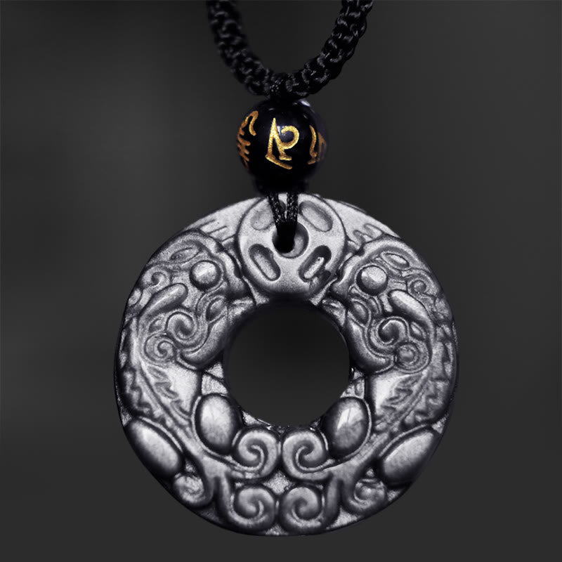 Fortune Jewel Natural Silver Sheen Obsidian Double PiXiu Copper Coin Peace Buckle Protection Necklace Pendant