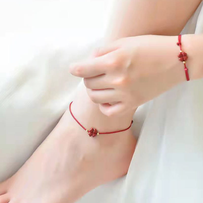 Fortune Jewel Natural Cinnabar Four Leaf Clover Blessing Red String Bracelet Anklet