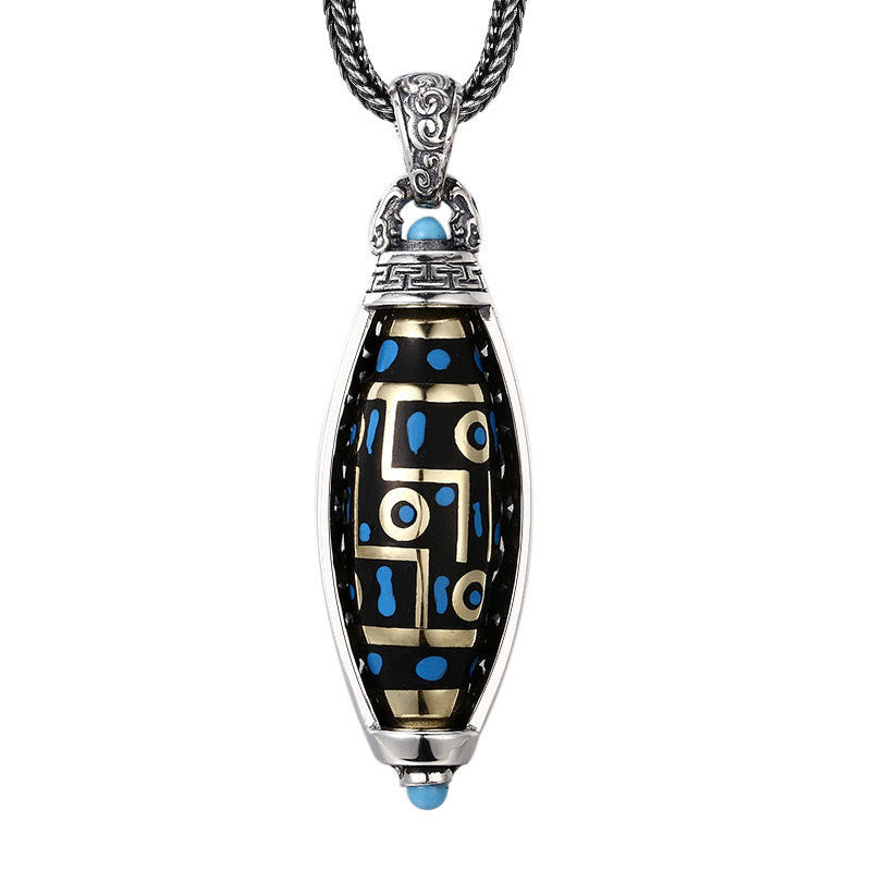 Fortune Jewel Tibetan Om Mani Padme Hum Nine-Eye Dzi Bead Pattern Peace Purity Rotatable Necklace Pendant