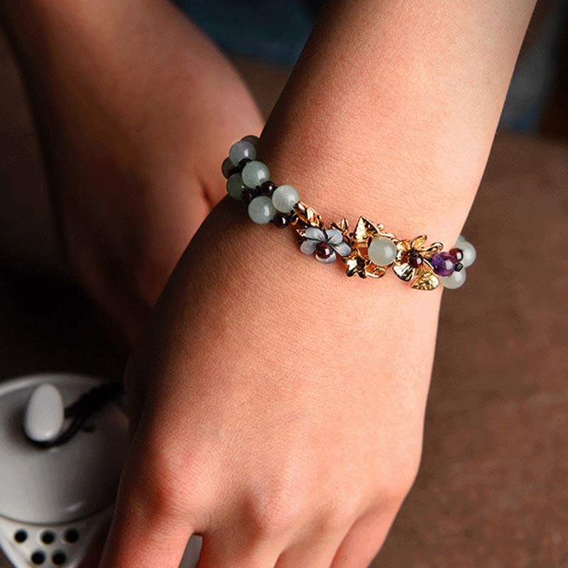 Fortune Jewel Green Aventurine Garnet Bead Flower Petal Luck Bracelet
