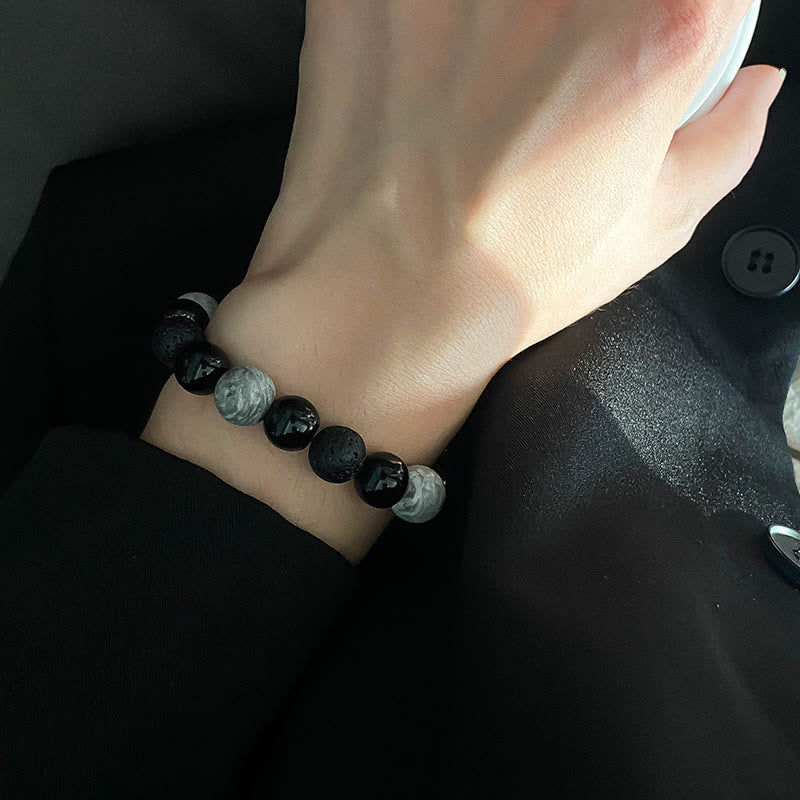 Fortune Jewel Vintage Lava Rock Black Obsidian Picasso Jasper Beads Support Rope Bracelet
