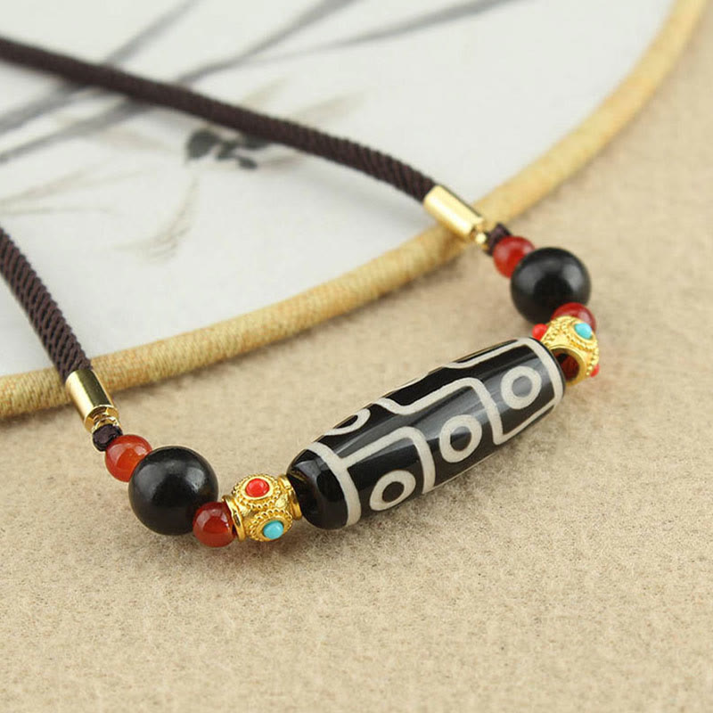 Fortune Jewel Tibetan Nine-Eye Dzi Bead Protection Blessings String Necklace Pendant