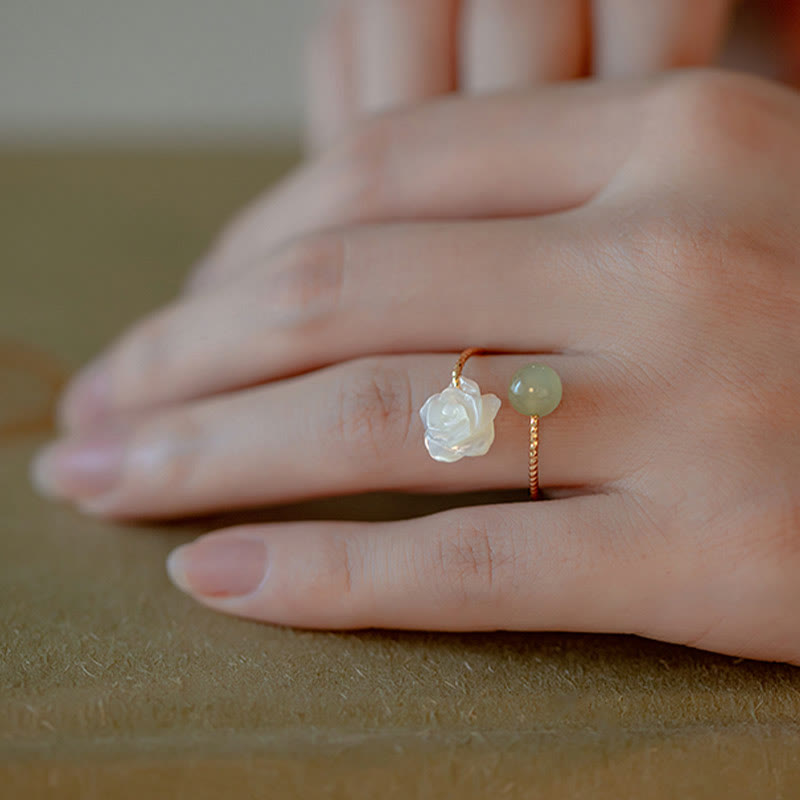 Fortune Jewel 14K Gold Plated Tridacna Stone Rose Flower Jade Bead Blessing Ring