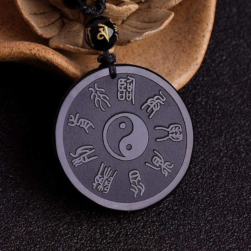 Fortune Jewel Natural Black Obsidian Taoism Five Sacred Mountains Nine-Character Mantra Carved Strength Yin Yang Necklace Pendant Key Chain