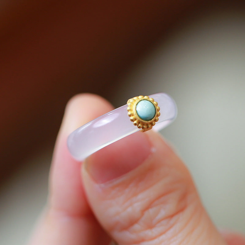 Fortune Jewel White Agate Cyan Jade Turquoise Red Agate Luck Protection Ring