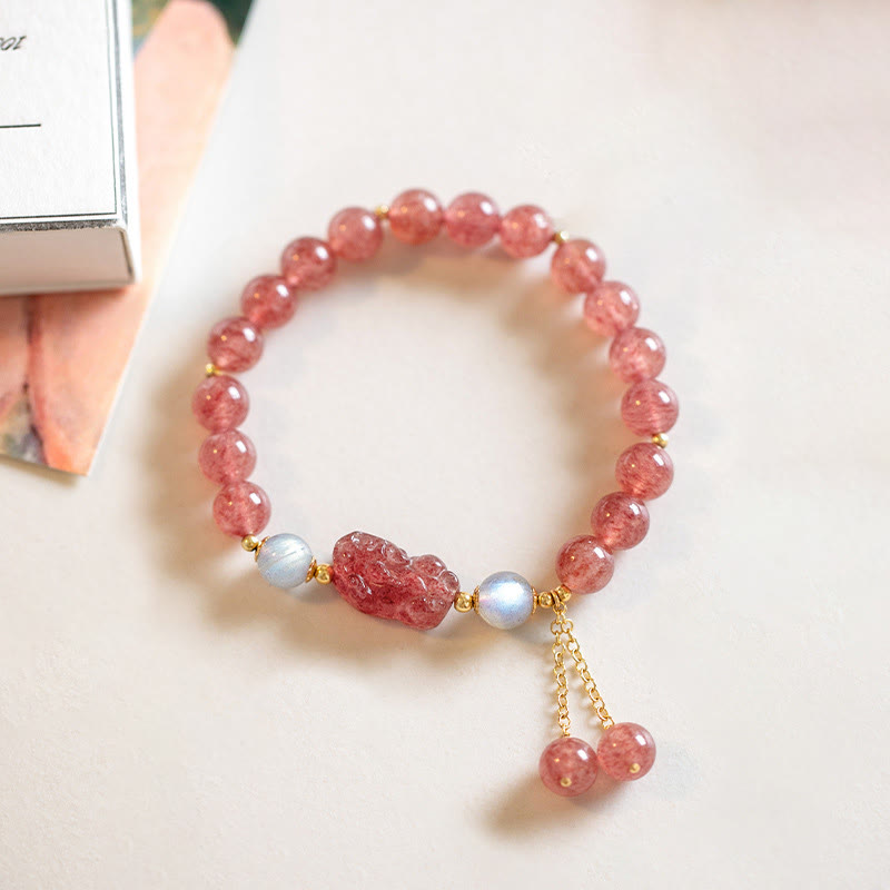 Fortune Jewel Natural Strawberry Quartz Moonstone PiXiu Love Healing Bracelet