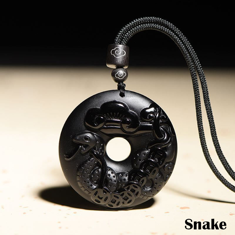 Fortune Jewel Chinese Zodiac Natural Black Obsidian Peace Buckle Strength Necklace Pendant