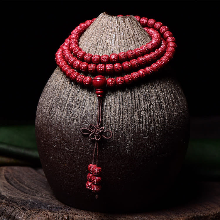 Fortune Jewel 108 Mala Beads Cinnabar Om Mani Padme Hum Pattern Engraved Blessing Bracelet