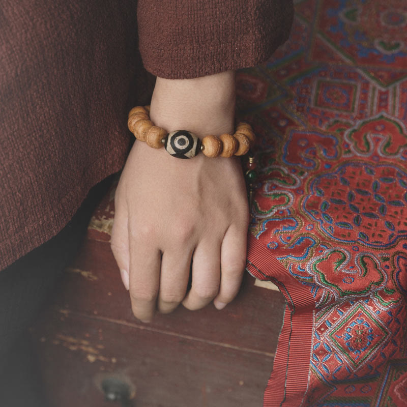 Fortune Jewel Tibet Bodhi Seed Dzi Bead Peace Charm Wrist Mala Bracelet