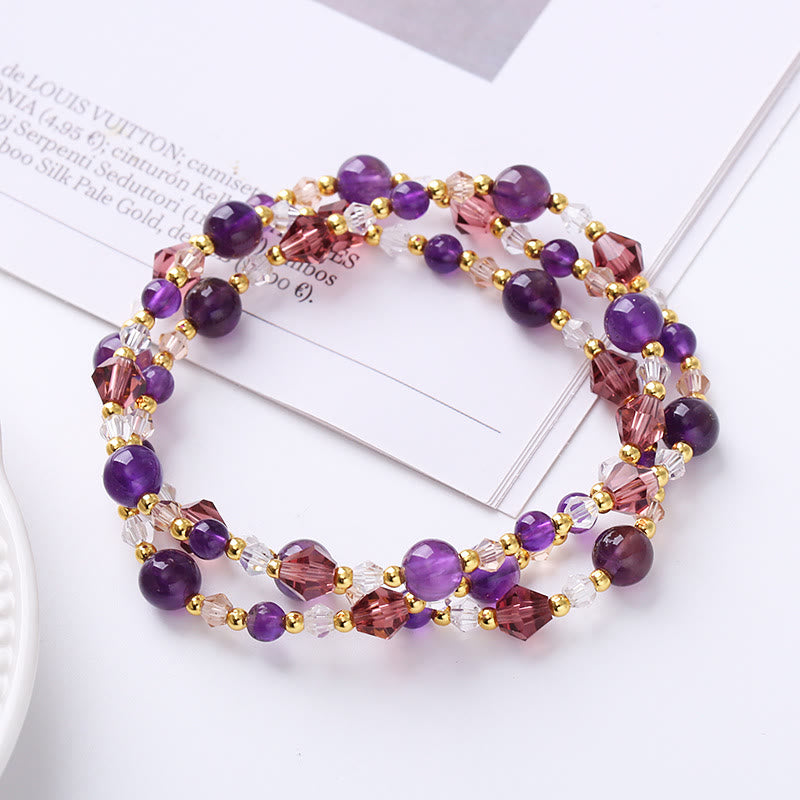 Fortune Jewel Natural Tourmaline Strawberry Quartz Amethyst Peace Wisdom Double Wrap Bracelet