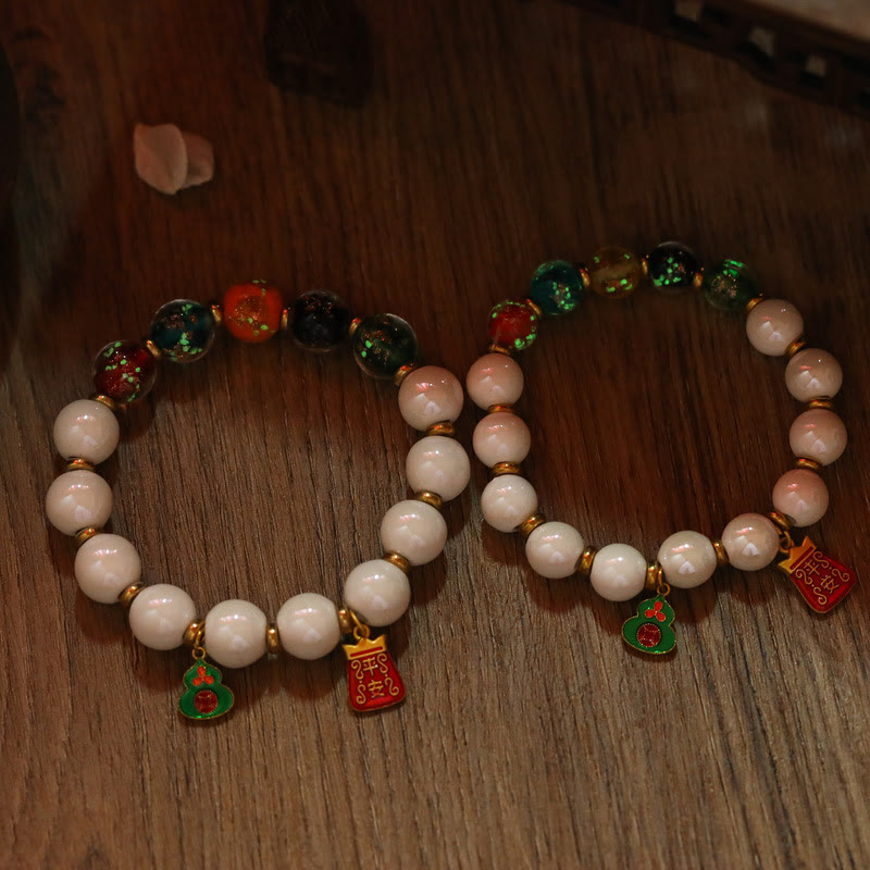 Fortune Jewel Tibetan Incense Ash Porcelain Luminous Fluorescent Liuli Glass Bead Gourd Copper Coin Charm Peace Bracelet