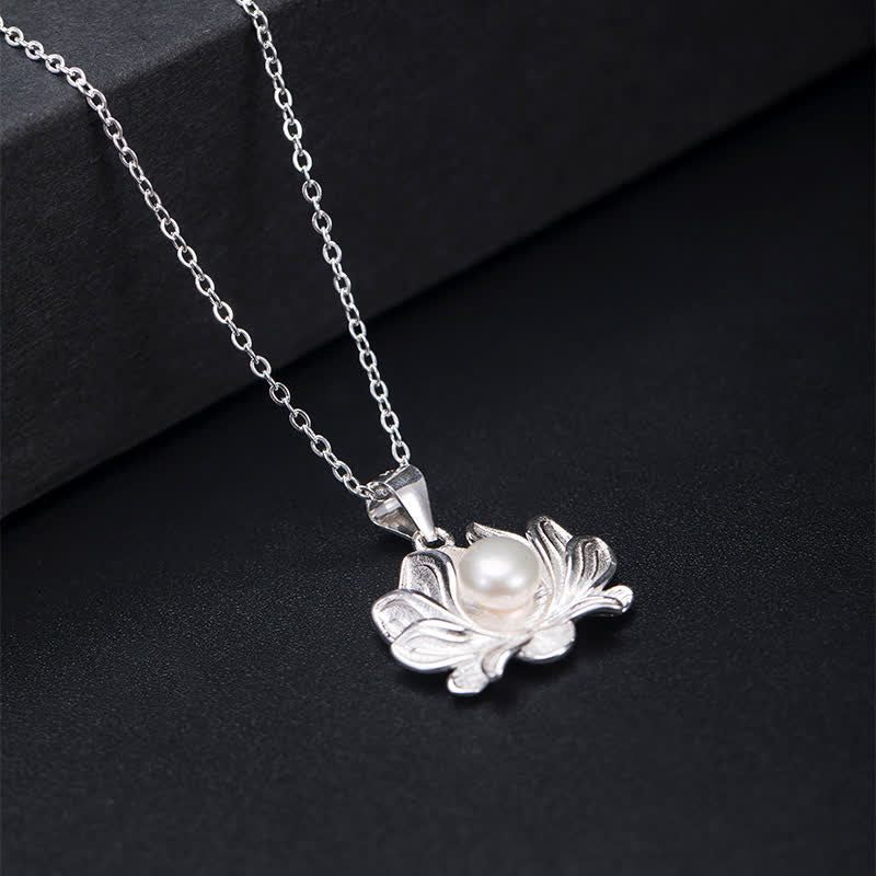 Fortune Jewel 925 Sterling Silver Lotus Flower Pearl Wealth Necklace Pendant Fortune Jewel