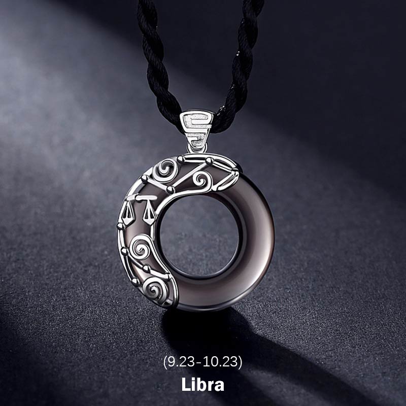 Fortune Jewel 12 Constellations of the Zodiac Ice Obsidian Blessing Round Pendant Necklace