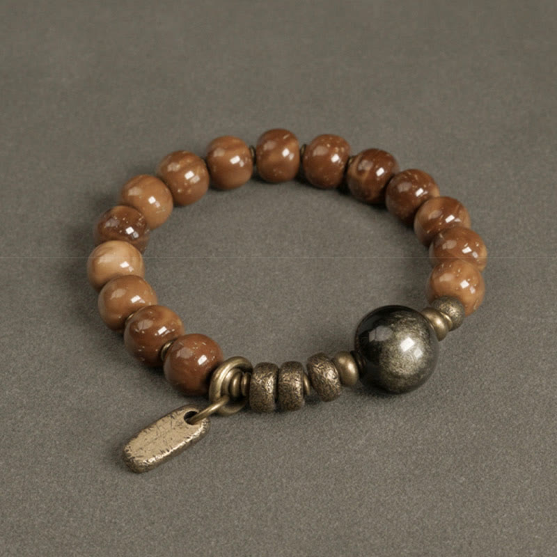 Fortune Jewel Kuka Seed Tiger Eye Gold Sheen Obsidian Brass Copper Wealth Luck Bracelet