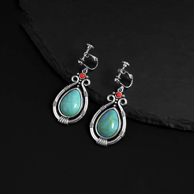 Fortune Jewel Tibet Vintage Turquoise Waterdrop Strength Drop Dangle Earrings Clips