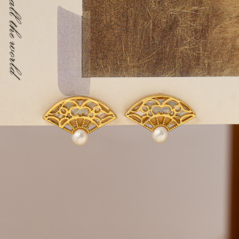 Fortune Jewel 925 Sterling Silver Posts Fan Pattern Pearl Copper Wisdom Stud Drop Earrings