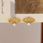 Fortune Jewel 925 Sterling Silver Posts Fan Pattern Pearl Copper Wisdom Stud Drop Earrings