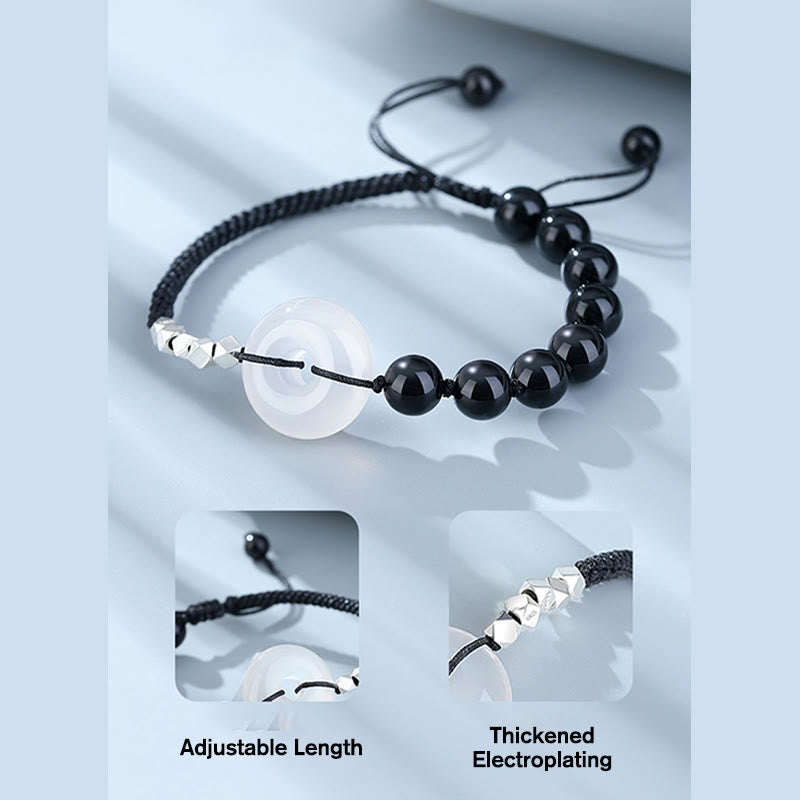 Fortune Jewel 925 Sterling Silver Black Obsidian Agate Peace Buckle Strength Bracelet