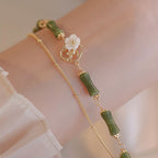 Fortune Jewel 14k Gold Plated Copper Peridot Bamboo Flower Wealth Double Layer Bracelet