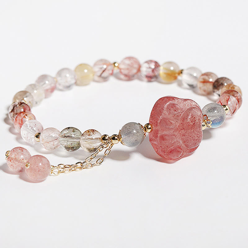 Fortune Jewel Natural Strawberry Quartz Cat Paw Claw Colorful Rutilated Quartz Moonstone Love Bracelet
