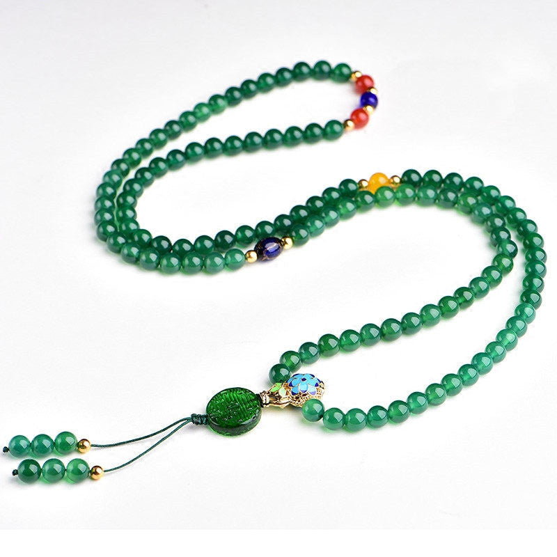Fortune Jewel 108 Mala Beads Natural Green Agate Power Support Bracelet