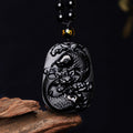 Fortune Jewel Natural Black Obsidian Koi Fish Lotus Strength Beaded Necklace Pendant