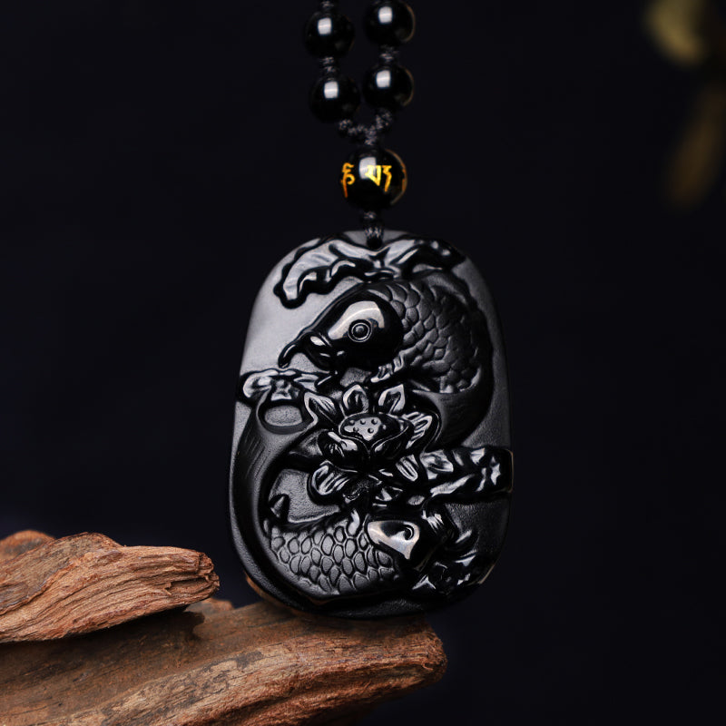Fortune Jewel Natural Black Obsidian Koi Fish Lotus Strength Beaded Necklace Pendant