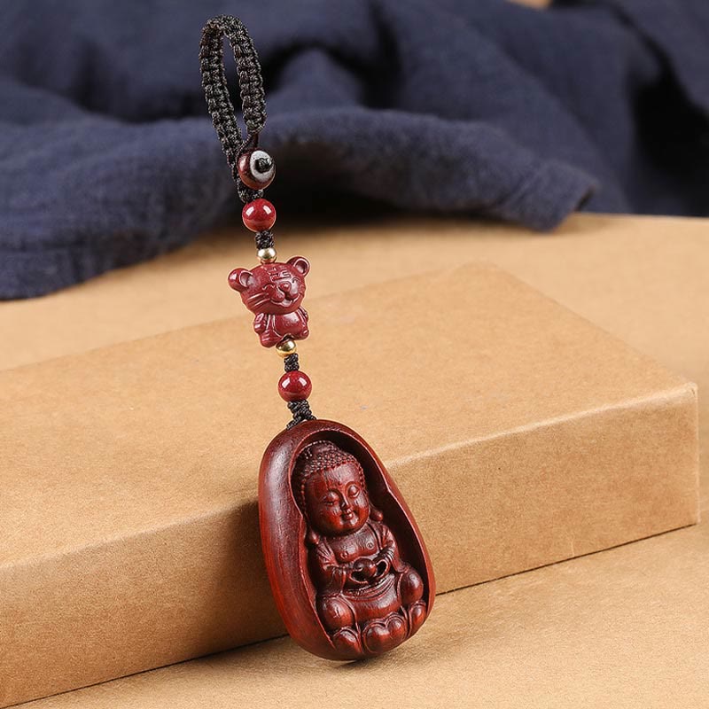 Fortune Jewel Small Leaf Red Sandalwood Buddha Cinnabar Chinese Zodiac Amulet Protection Key Chain