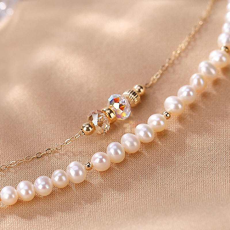 Fortune Jewel 925 Sterling Silver Plated 14k Gold Natural Pearl Crystal Healing Double Layer Bracelet