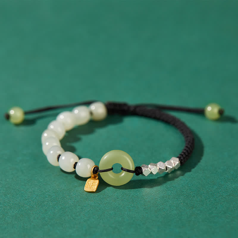 Fortune Jewel 925 Sterling Silver Hetian Jade Peace Buckle Beaded Luck Happiness Charm Bracelet