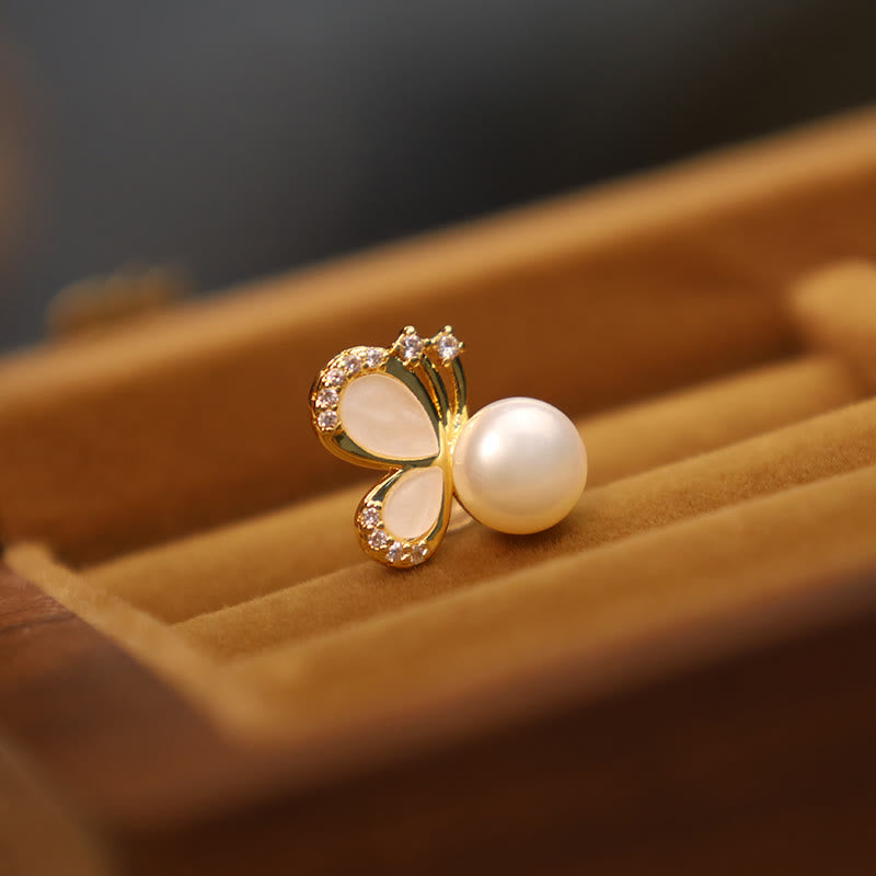 Fortune Jewel 925 Sterling Silver Posts 18K Gold Plated Copper Natural Pearl Butterfly Zircon Healing Stud Earrings