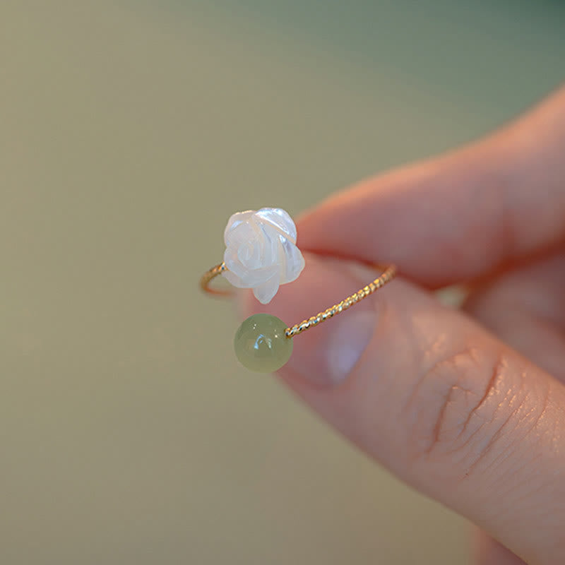 Fortune Jewel 14K Gold Plated Tridacna Stone Rose Flower Jade Bead Blessing Ring