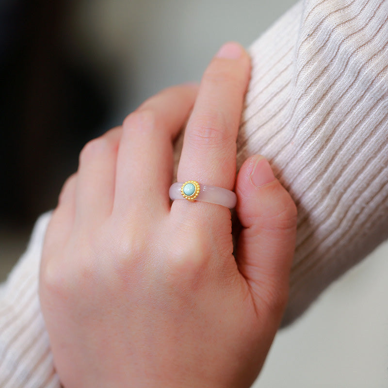 Fortune Jewel White Agate Cyan Jade Turquoise Red Agate Luck Protection Ring