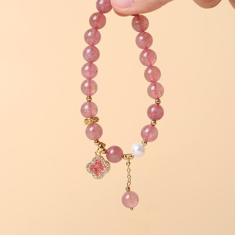 Fortune Jewel Strawberry Quartz Pearl Four Leaf Clover Charm Healing Bracelet