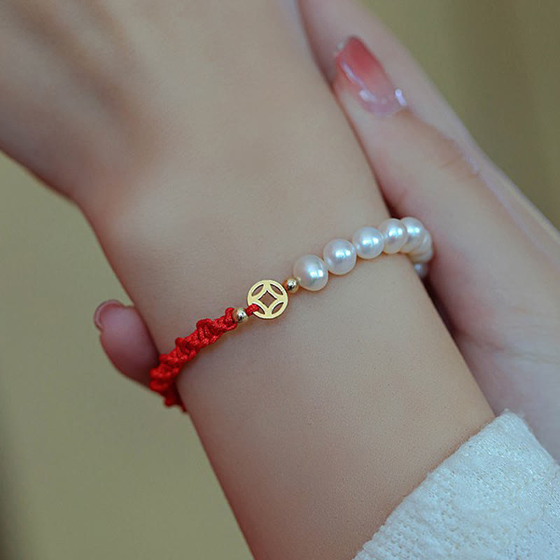 Fortune Jewel 14K Gold Plated Pearl Bead Luck Protection Braid Red String Bracelet