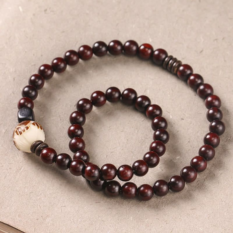 Fortune Jewel Small Leaf Red Sandalwood Lotus Bodhi Seed Carved Protection Double Wrap Bracelet