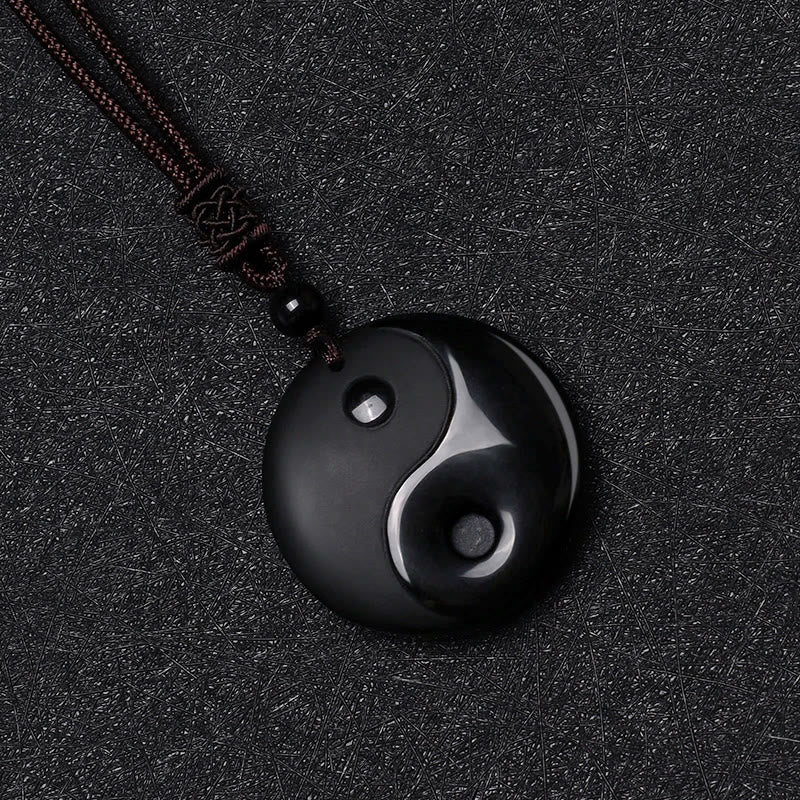 Fortune Jewel Black Obsidian Taoism Five Sacred Mountains Nine-Character Mantra Carved Purification Yin Yang Necklace Pendant