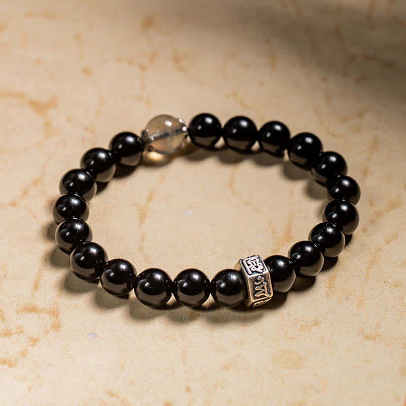 Fortune Jewel Chinese Zodiac Natal Buddha 925 Sterling Silver Black Obsidian Moonstone Strength Bracelet
