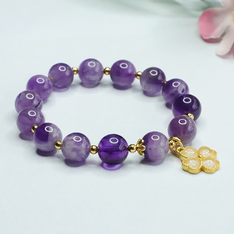 Fortune Jewel Natural Amethyst Crystal Inner Peace Four Leaf Clover Charm Bracelet