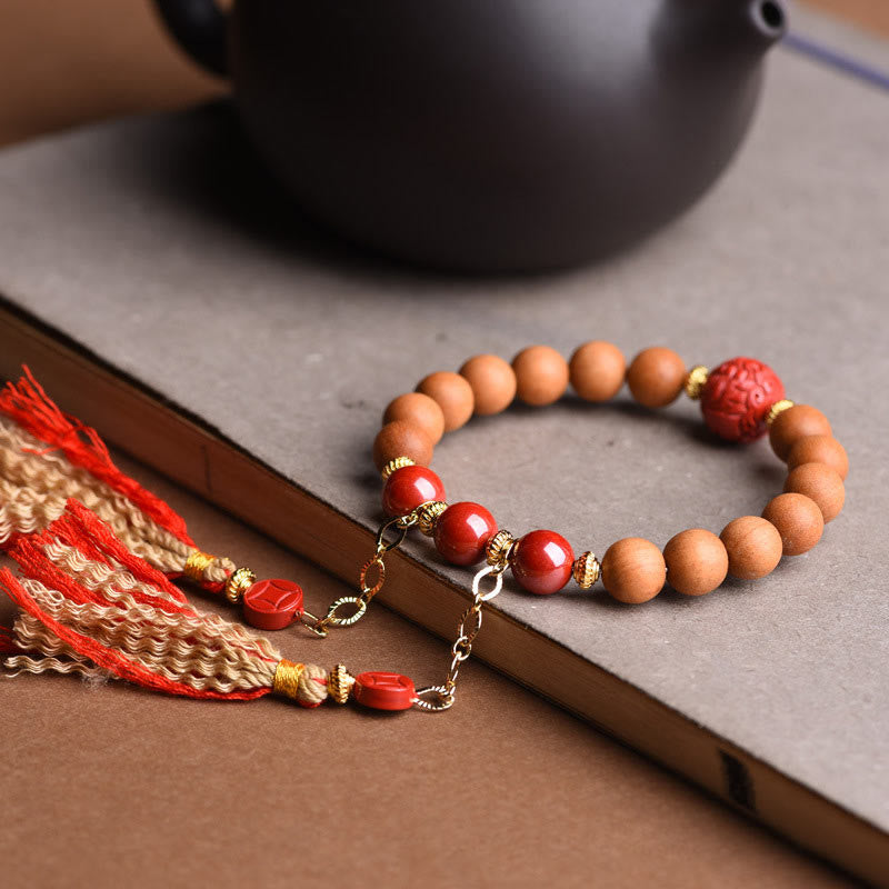 Fortune Jewel Tibetan Natural Peach Wood Cinnabar PiXiu Wealth Tassels Bracelet