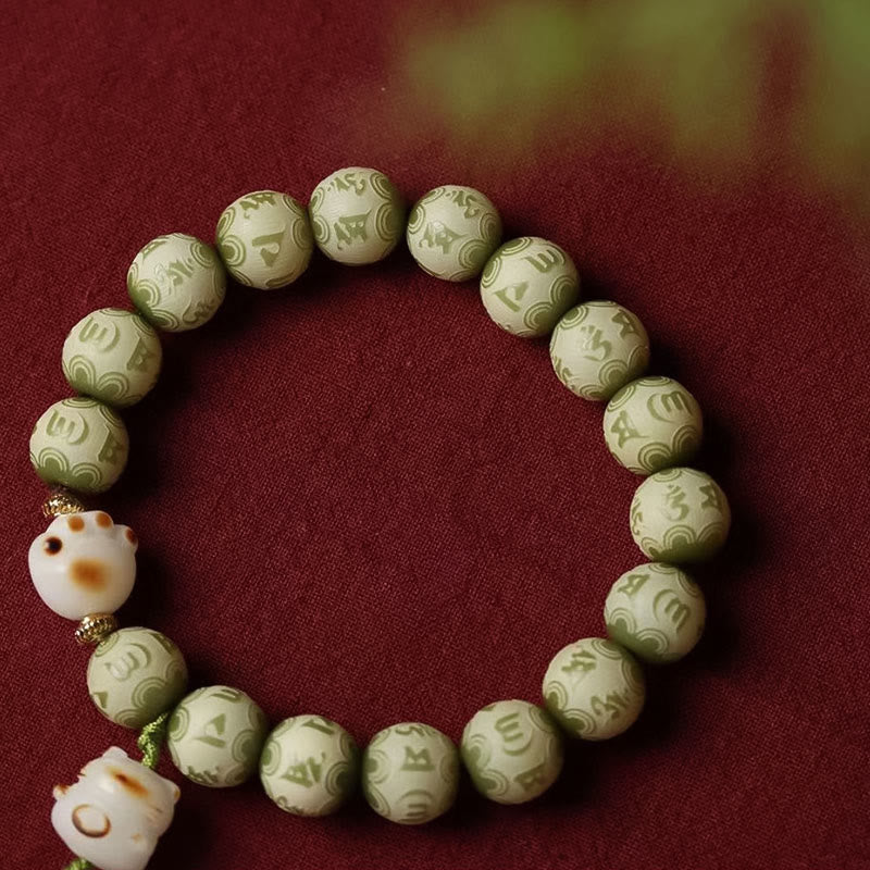 Fortune Jewel Green Bodhi Seed Cat Paw Om Mani Padme Hum Engraved Wisdom Bracelet