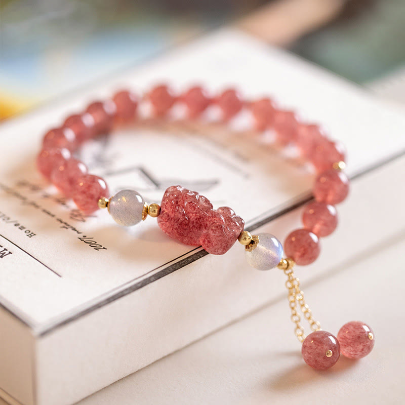 Fortune Jewel Natural Strawberry Quartz Moonstone PiXiu Love Healing Bracelet