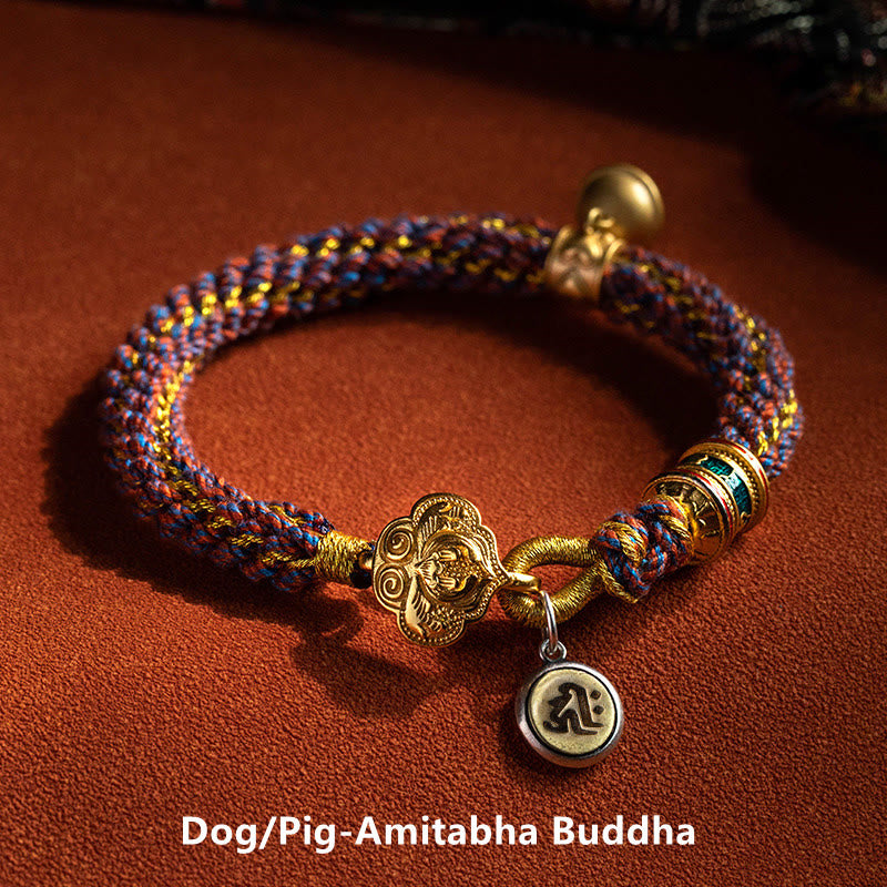 Fortune Jewel 925 Sterling Silver Chinese Zodiac Natal Buddha Om Mani Padme Hum Luck Bell Braided String Bracelet