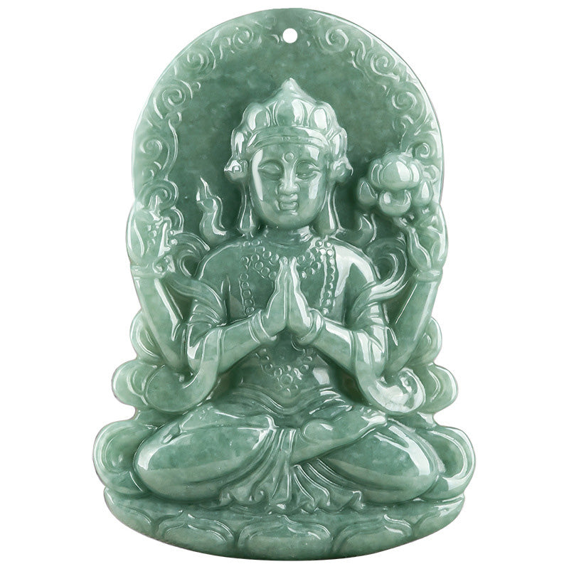 Fortune Jewel Four-armed Avalokitesvara Natural Jade Amulet Blessing String Necklace Fortune Jewel