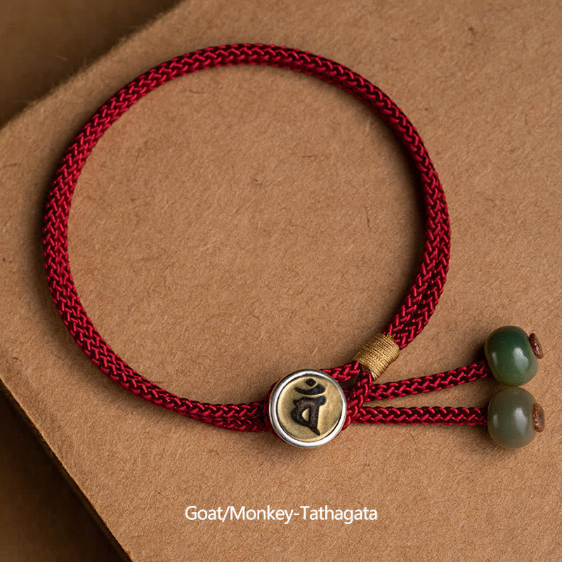 Fortune Jewel 925 Sterling Silver Handmade Chinese Zodiac Natal Buddha Cyan Bodhi Seed Protection Braided Red String Bracelet
