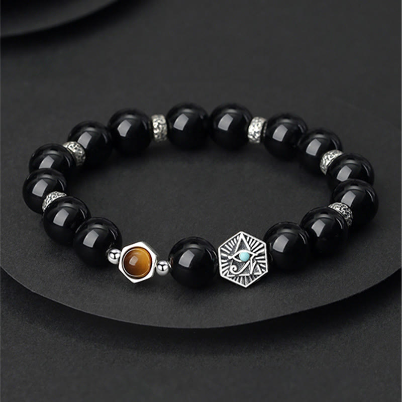 Fortune Jewel 925 Sterling Silver Black Obsidian Tiger Eye Eye of Providence Purification Bracelet