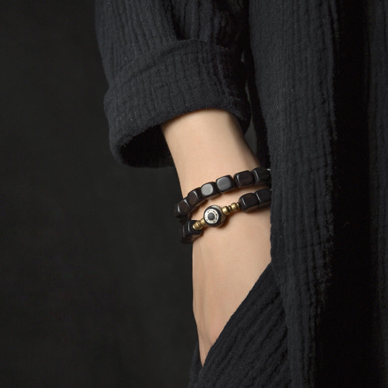 Fortune Jewel Ebony Wood Dzi Bead Copper Peace Couple Bracelet